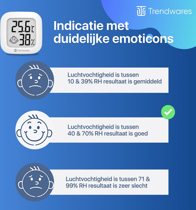 Hygrometer - Luchtvochtigheidsmeter voor Binnen - Thermometer - Digitaal - Hydrometer - Temperatuurmeter - Wit