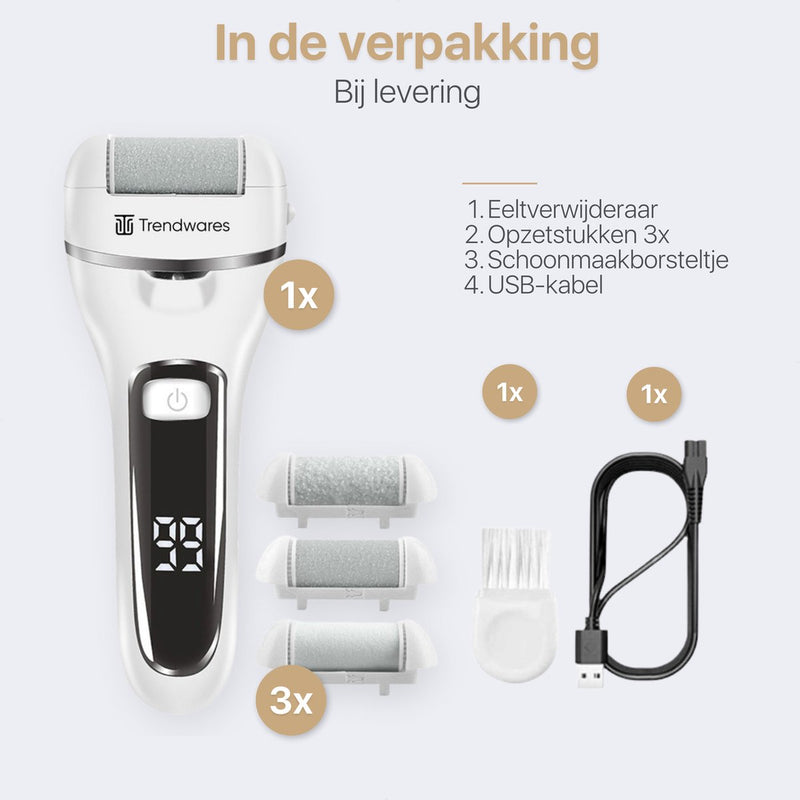 Elektrische Eeltverwijderaar met LED display - 2 Standen en 3 verschillende Opzetstukken en Borstel - Wit